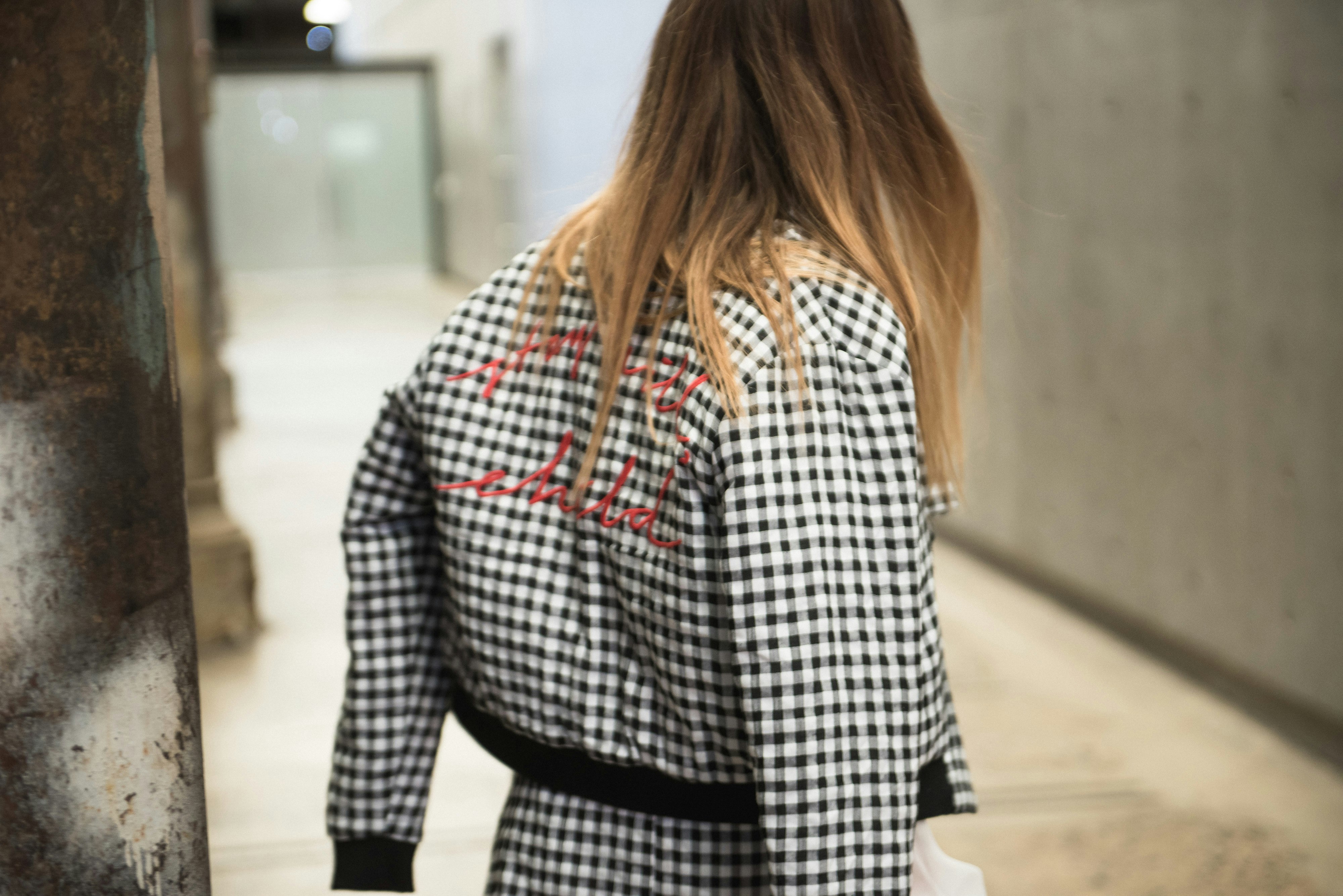 women's black and white checked jacket